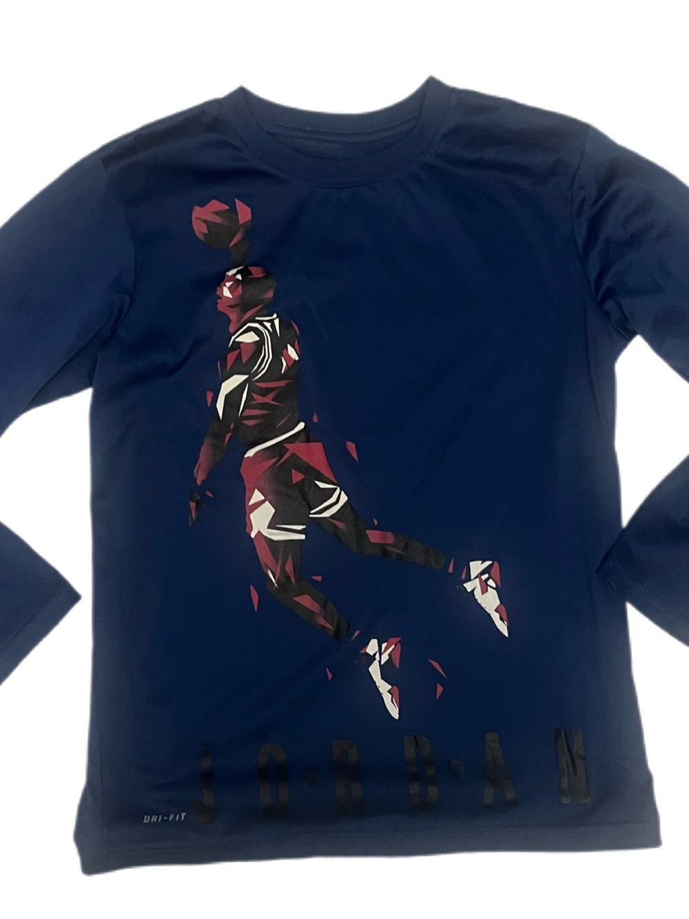 Jordan Navy Long Sleeve Graphic Basketball Tee with Red & White Accents